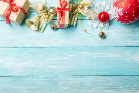Christmas decoration background. Christmas tree and holidays ornament. Copy spaceの写真素材