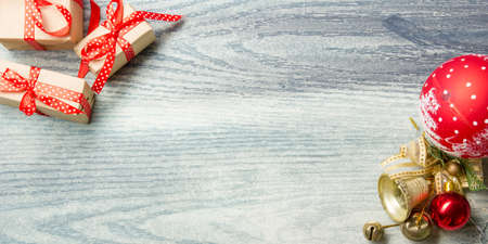 Christmas decoration background. Christmas tree and holidays ornament. Copy spaceの写真素材