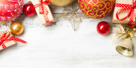 Christmas decoration background. Christmas tree and holidays ornament. Copy spaceの写真素材