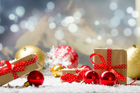 Christmas decoration background. Christmas tree and holidays ornament. Copy spaceの写真素材