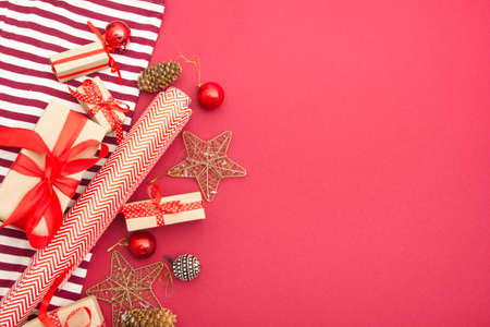 Christmas decoration background. Christmas tree and holidays ornament. Copy spaceの写真素材