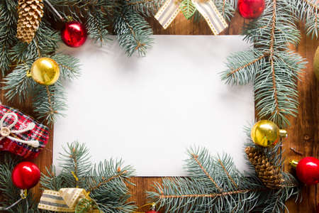 Christmas decoration background. Christmas tree and holidays ornament. Copy spaceの写真素材
