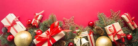 Christmas decoration background. Christmas tree and holidays ornament. Copy spaceの写真素材