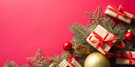 Christmas decoration background. Christmas tree and holidays ornament. Copy space