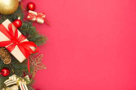 Christmas decoration background. Christmas tree and holidays ornament. Copy spaceの写真素材
