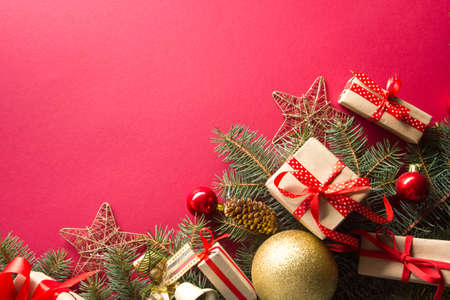 Christmas decoration background. Christmas tree and holidays ornament. Copy spaceの写真素材