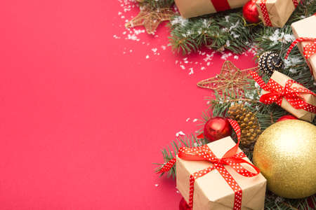 Christmas decoration background. Christmas tree and holidays ornament. Copy spaceの写真素材