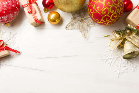 Christmas decoration background. Christmas tree and holidays ornamentの写真素材