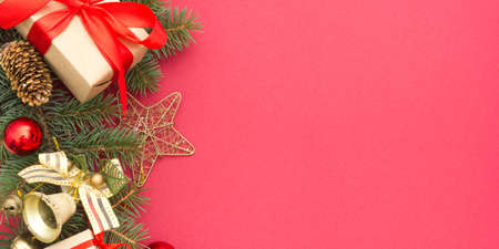Christmas decoration background. Christmas tree and holidays ornamentの写真素材