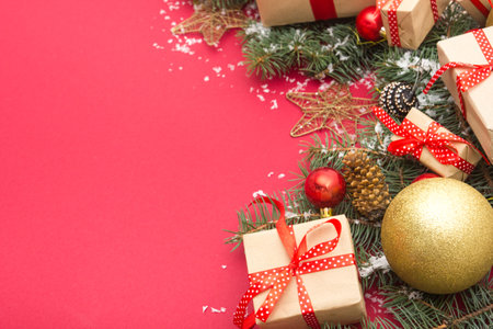 Christmas decoration background. Christmas tree and holidays ornamentの写真素材