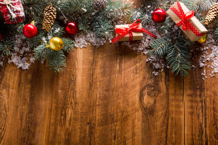 Christmas decoration background. Christmas tree and holidays ornamentの写真素材