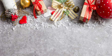 Christmas decoration background. Christmas tree and holidays ornamentの写真素材