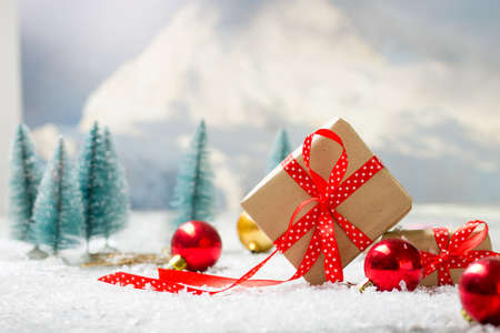 Christmas decoration background. Christmas tree and holidays ornamentの写真素材