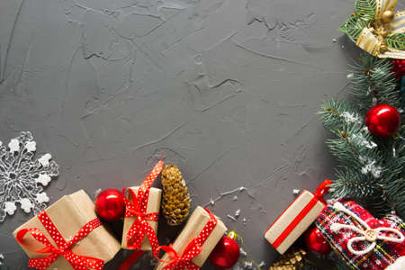 Christmas decoration background. Christmas tree and holidays ornamentの写真素材