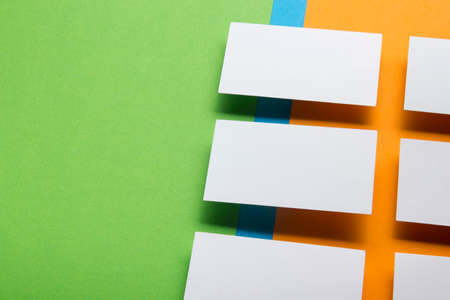 Business cards blank. Mockup on color background. Flat Lay. copy space for text.の写真素材