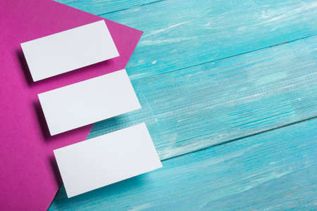 Business cards blank. Mockup on color background. Flat Lay. copy space for text.の写真素材
