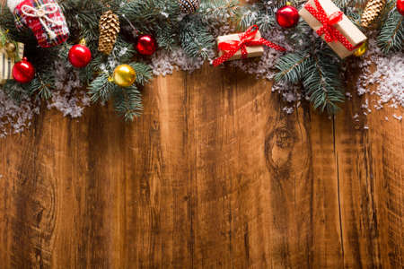 Christmas decoration background. Christmas tree and holidays ornamentの写真素材