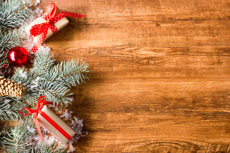 Christmas decoration background. Christmas tree and holidays ornamentの写真素材
