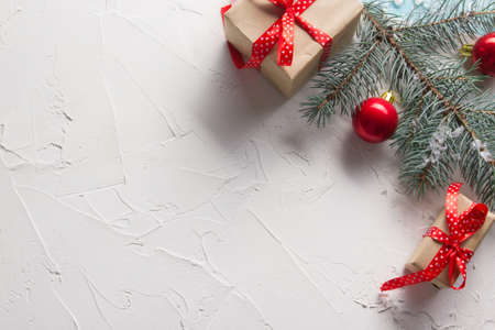 Christmas decoration background. Christmas tree and holidays ornamentの写真素材