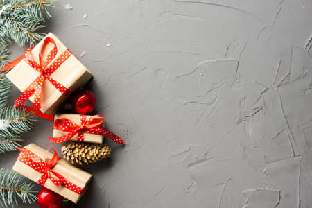 Christmas decoration background. Christmas tree and holidays ornamentの写真素材