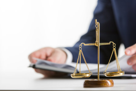 Lawyer working with contract papers and wooden gavel on tabel in courtroom. justice and law, attorney, court judge conceptの写真素材