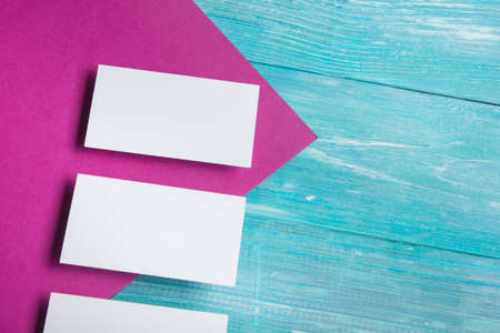 Business cards blank. Mockup on color background. Flat Lay. copy space for text.の写真素材