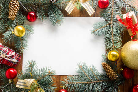 Christmas decoration background. Christmas tree and holidays ornamentの写真素材