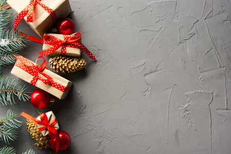 Christmas decoration background. Christmas tree and holidays ornamentの写真素材