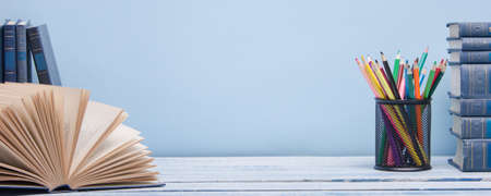 Old books on a wooden shelf. Back to schoolの写真素材