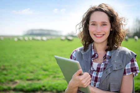 View of a Young attractive farmer in a field using tabletの写真素材