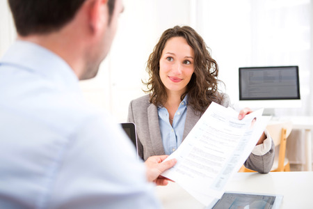 View of a Young attractive woman during job interview