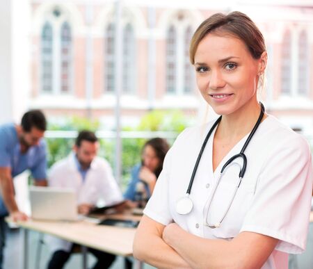 VIew of a young attractive doctor at the hospitalの写真素材