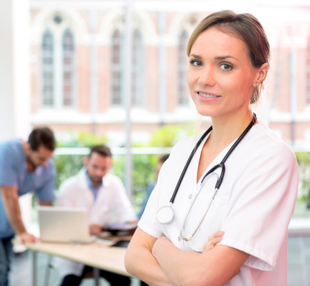 VIew of a young attractive doctor at the hospitalの写真素材