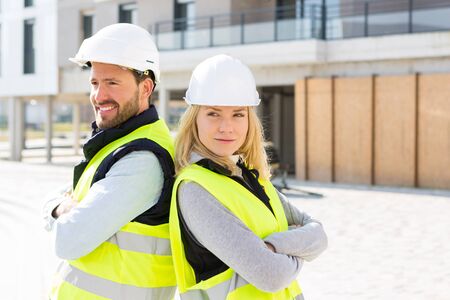 View of a Portrait of a worker team at the end of the constructionの写真素材