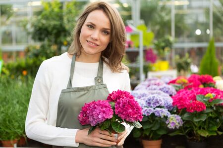 View of a Young attractive woman working at the plants nurseryの写真素材