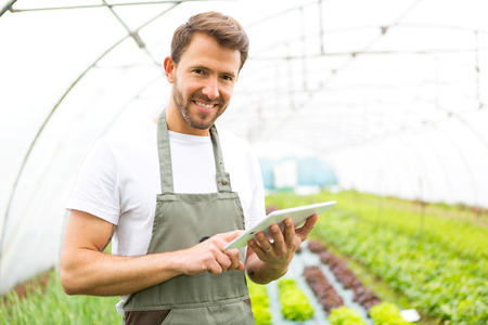 View of an attractive farmer in a greenhouse using tabletの写真素材