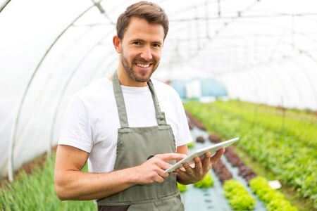 View of an attractive farmer in a greenhouse using tabletの写真素材