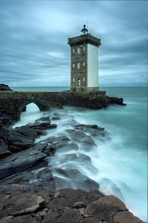 View of the Lighthouse of Pointe de Kermovan in Le Conquet, Brittany, Franceのeditorial素材