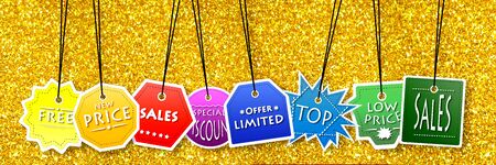 Concept view of sales labels with promotion text printed on it