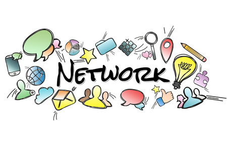 View of a Network title isolated on a background and surounded by multimedia icons - Internet conceptの写真素材