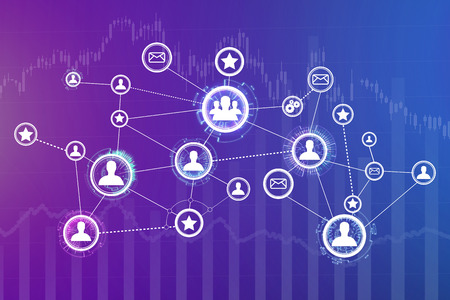 Concept view of business international network interface with finance and city background -...