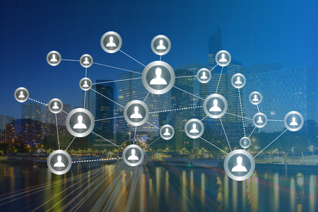 Concept view of business international network interface with finance and city background - Technology conceptの写真素材