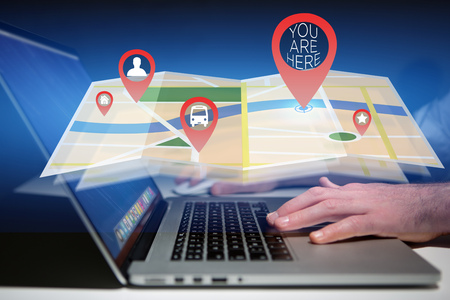 Concept view of finding favorites places on an online map - Technology concept