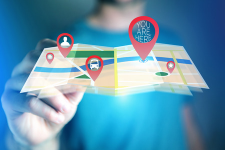 Concept view of finding favorites places on an online map - Technology concept
