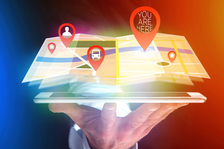 Concept view of finding favorites places on an online map - Technology concept