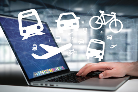 Concept view of checking different way to go on holidays on a device - Travel conceptの写真素材