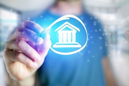 View of a Man drawing a justice icon on a futuristic interface - Technology conceptの写真素材