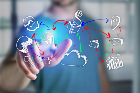 View of Man finger touching a business hand drawn icon on a futuristic interface - technology...