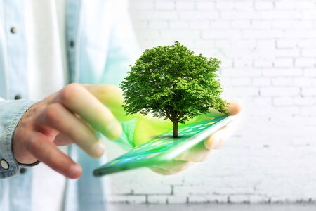 View of a Green tree going out of a smartphone - Ecology concept