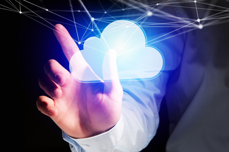 View of a Graphic network connected to a cloud displayed on a futuristic interface - Technology...
